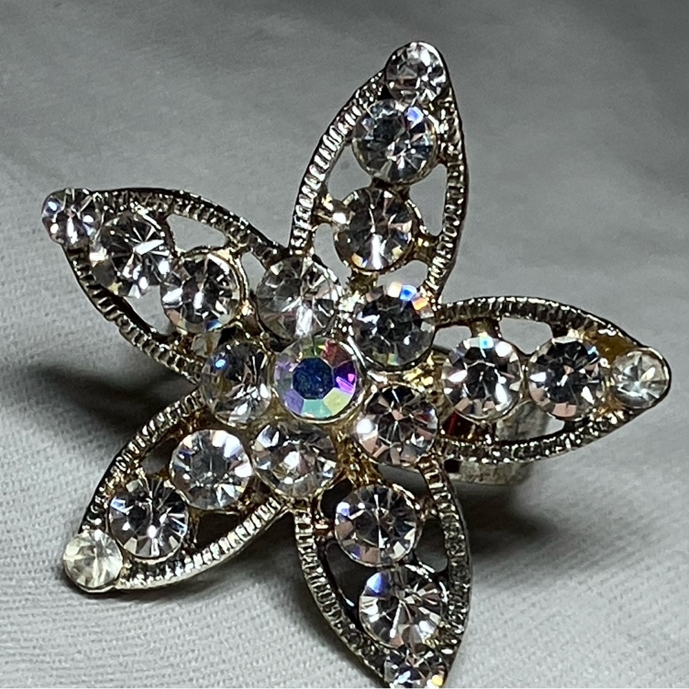 AB Rhinestone Flower Ring Silver-Tone Adjustable & Sparkly Cocktail Accessory